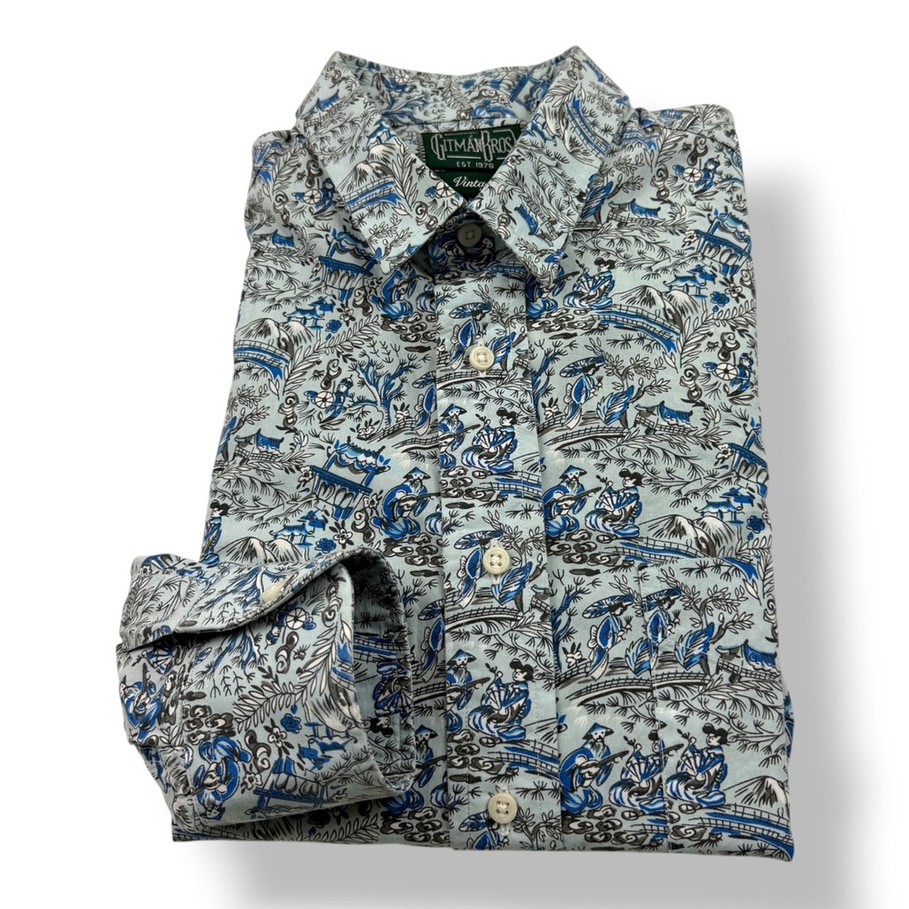 Gitman Bros Vintage Mens Medium Blue Cotton Linen Chinoiserie Print Shirt USA‎